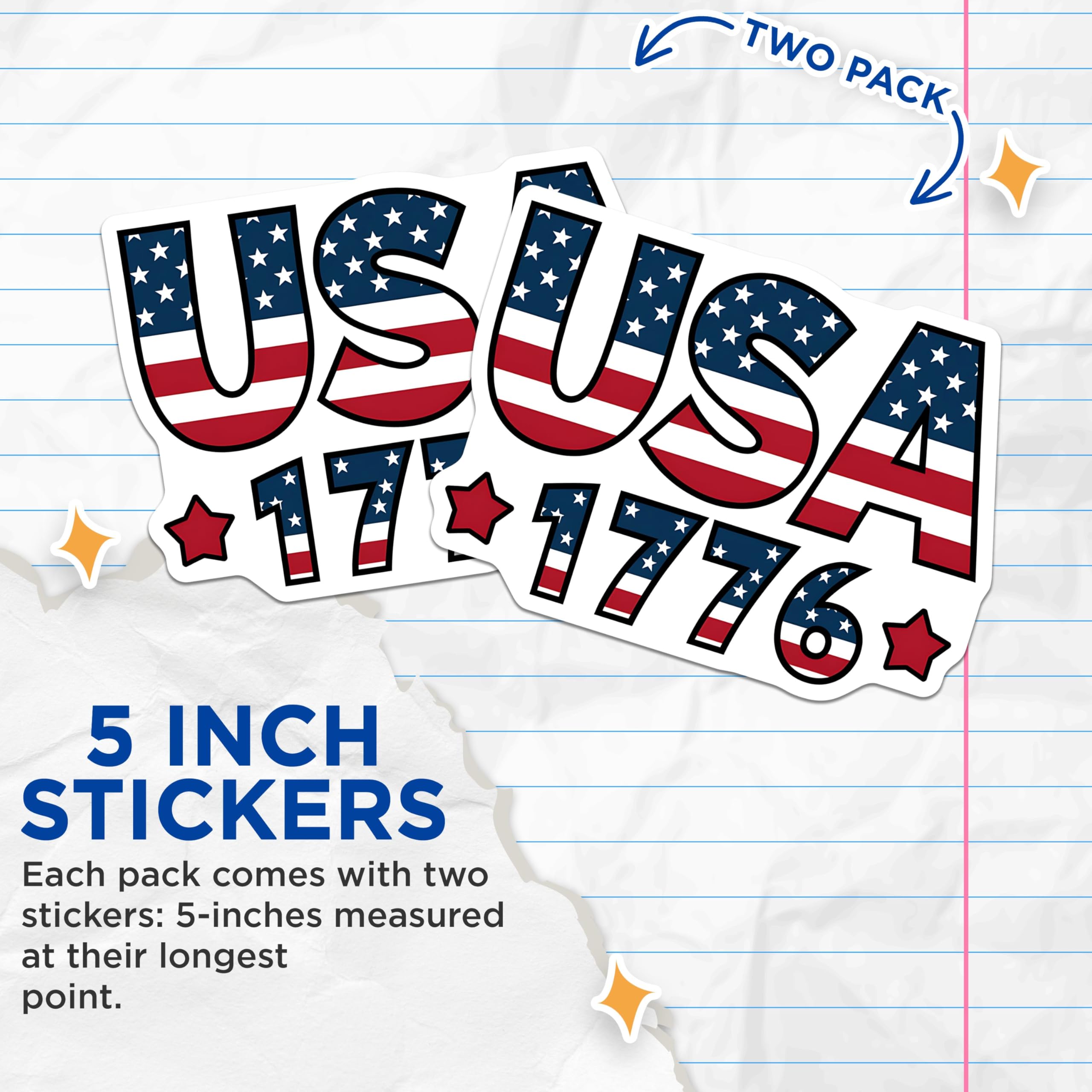 (2 Pack) USA 1776 Stickers - American Flag Stickers - Patriotic USA Stickers - 5" On Longest Side - Sticks to Smooth Flat Surfaces - Made in USA - BMCS3886