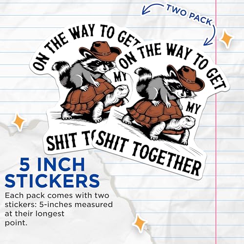 (2 Pack) On The Way to Get My Shit Together Stickers - Raccoon Turtle - Funny Animal - 5" On Longest Side - Sticks to Smooth Flat Surfaces - Made in USA - BMCS6693
