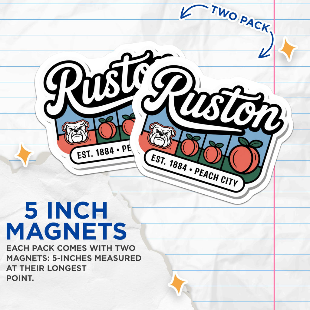(2 Pack) Ruston Magnets - Peach City - Bulldog Mascot Refrigerator Magnets - 5" On Longest Side - Premium Magnet - for Cars, Refrigerators, Toolboxes, Lockers - Made in USA - MAG17334