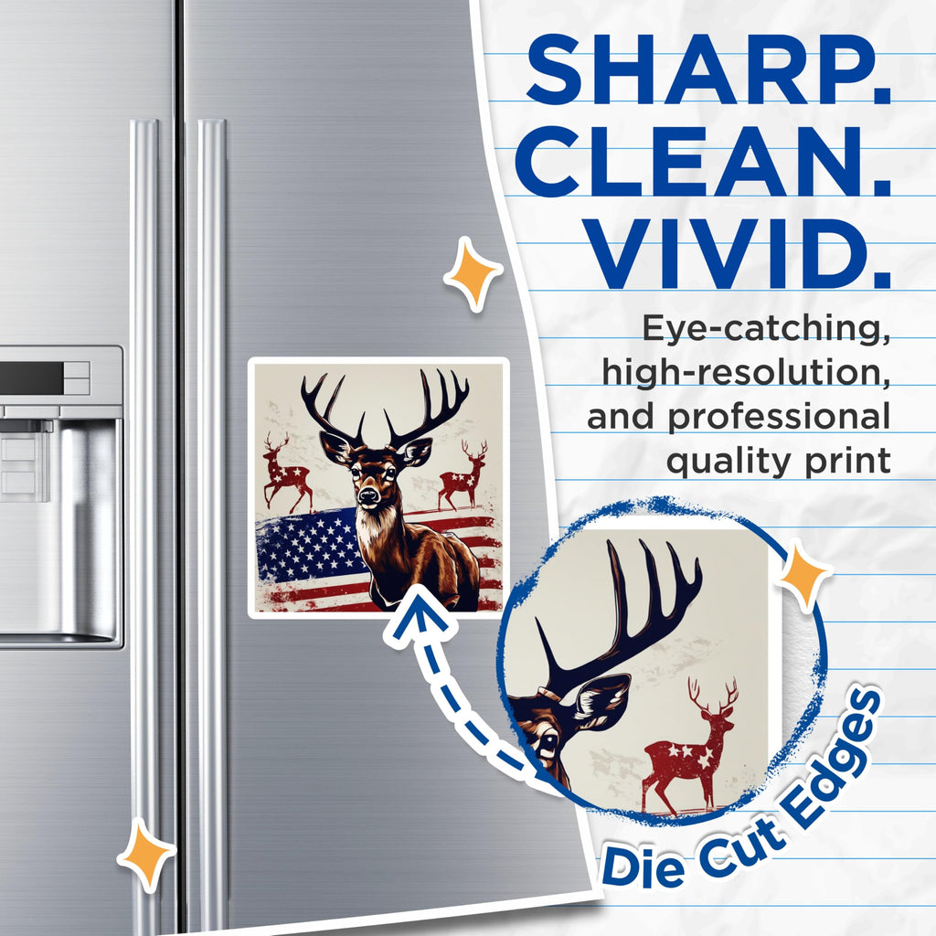 (2 Pack) Patriotic Deer Magnets - American Flag Buck Art - Hunter Outdoorsman Wildlife Collector - Rustic Americana Decor - 5 Inches On Longest Side - Thick Durable Magnet - Made in USA - MAG19709