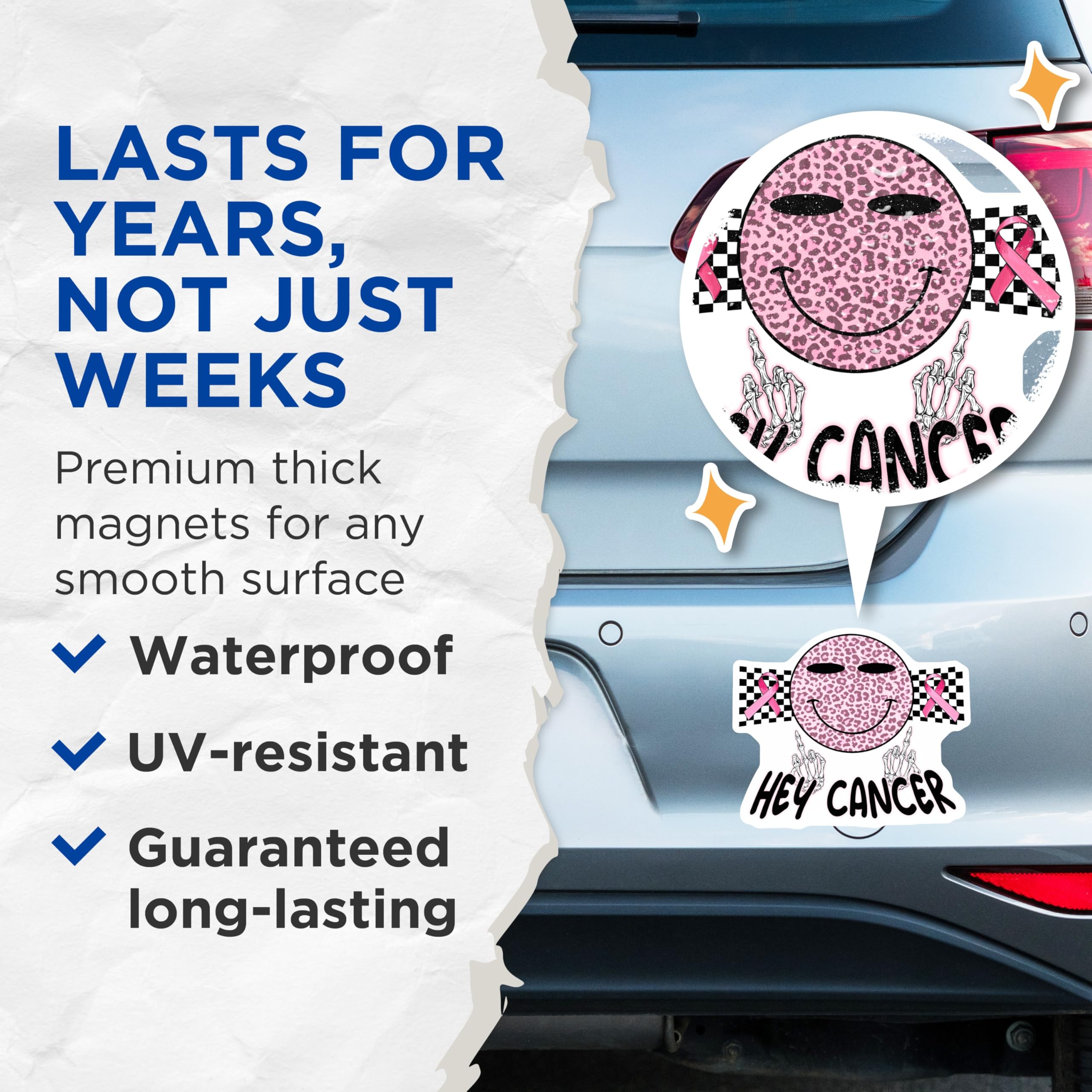 (2 Pack) Hey Cancer Magnets - Pink Ribbon - Breast Cancer Awareness - 5" On Longest Side - Premium Magnet - for Cars, Refrigerators, Toolboxes, Lockers - Made in USA - MAG16653