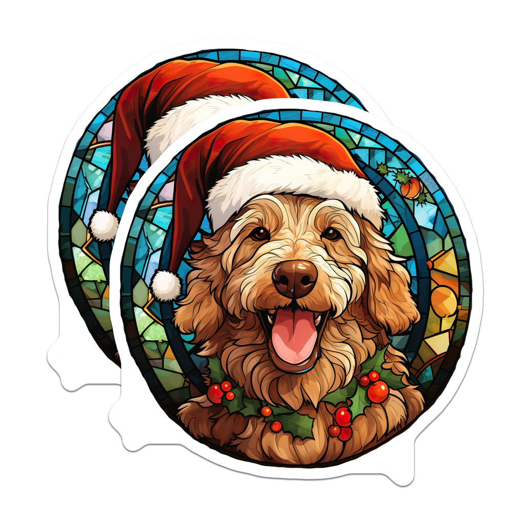 (2 Pack) Goldendoodle Christmas Magnets - Happy Doodle Dog - Stained Glass Pet Art Refrigerator Magnets - 5 Inches On Longest Side - Thick Durable Magnet - Made in USA - MAG29280