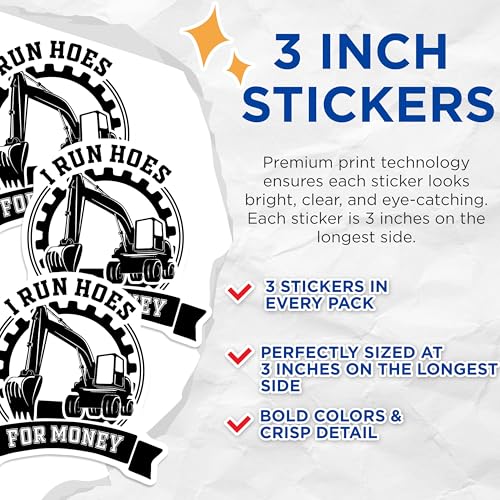 (3 Pack) I Run Hoes Decals - Excavator Stickers - Funny Construction Decals - 3 Inches On Longest Side - Easy Peel & Apply - Made in USA - 3MCS7667