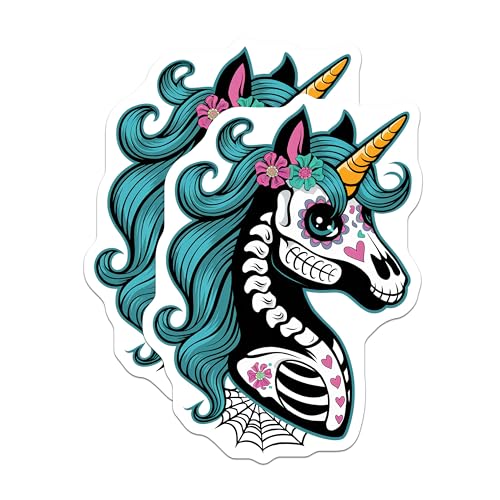 (2 Pack) Unicorn Skeleton Stickers - Day of The Dead - Colorful Skull Art - 5" On Longest Side - Sticks to Smooth Flat Surfaces - Made in USA - BMCS9459