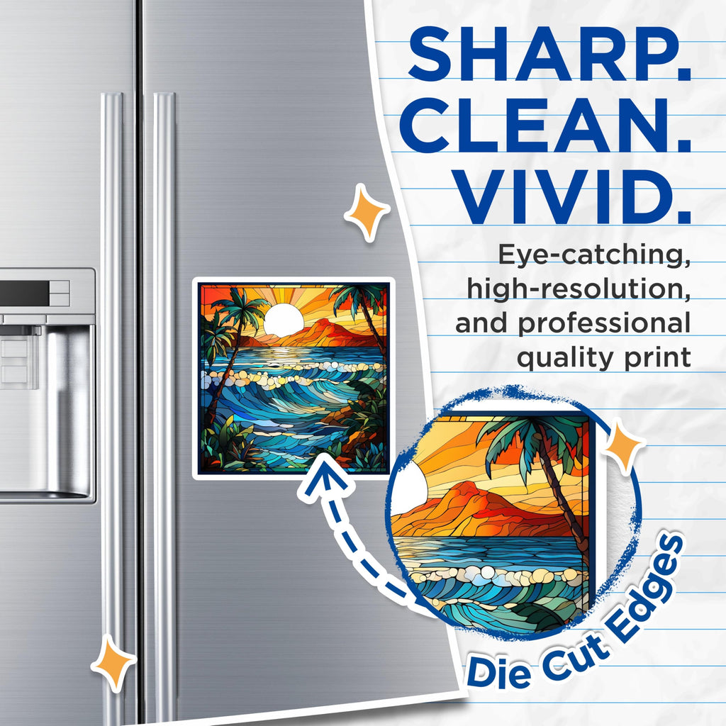 (2 Pack) Stained Glass Beach Magnets - Tropical Ocean Sunset Decor - Coastal Fridge Accessories - 5 Inches On Longest Side - Thick Durable Magnet - Made in USA - MAG29855
