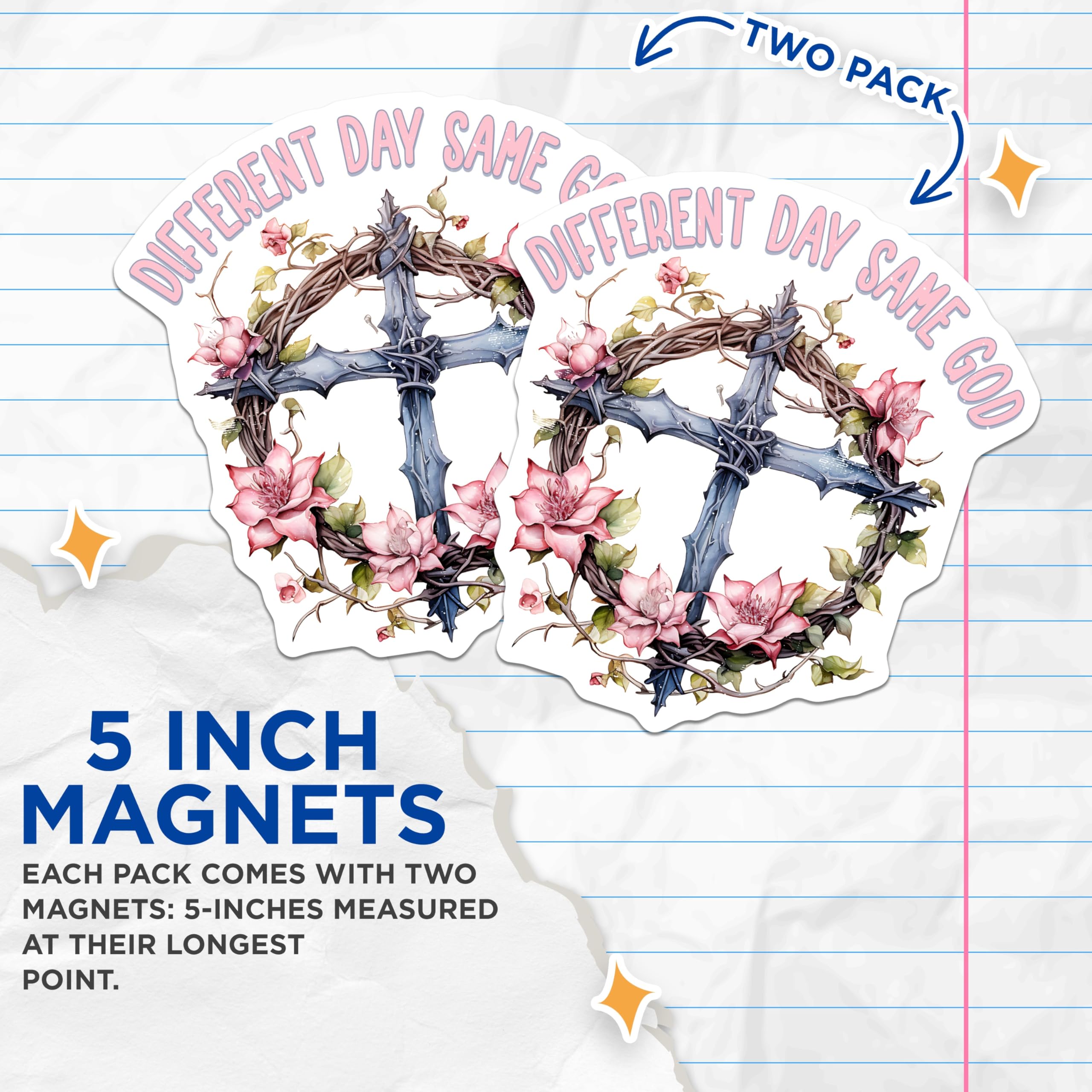(2 Pack) Different Day Same God Magnets - Christian Cross Floral Design - Faith Based Decor - Inspirational Reminders - 5 Inches On Longest Side - Thick Durable Magnet - Made in USA - MAG24273