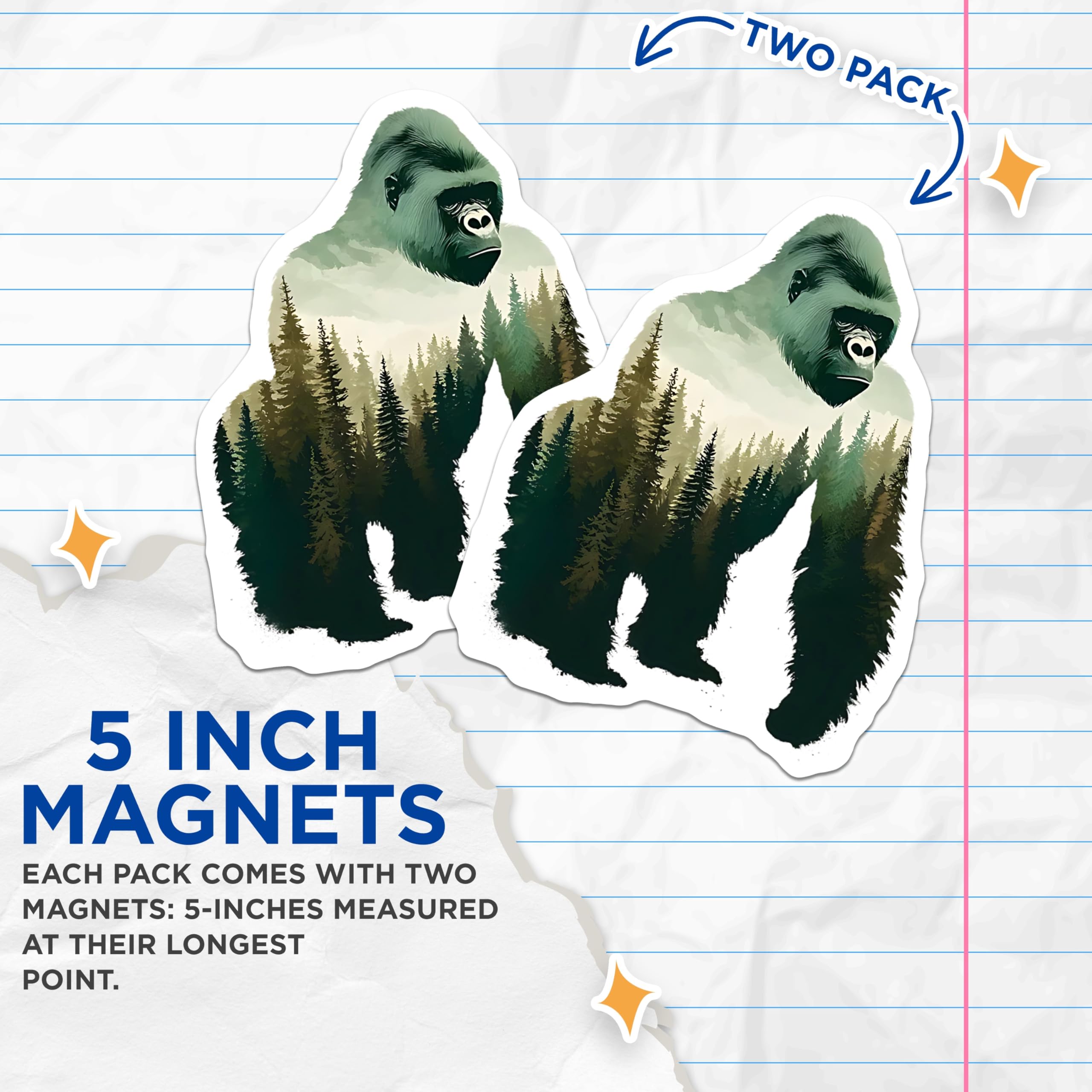 (2 Pack) Gorilla Magnets - Mountain Forest Scene - Animal Lover Decor - 5" On Longest Side - Premium Magnet - for Cars, Refrigerators, Toolboxes, Lockers - Made in USA - MAG14311