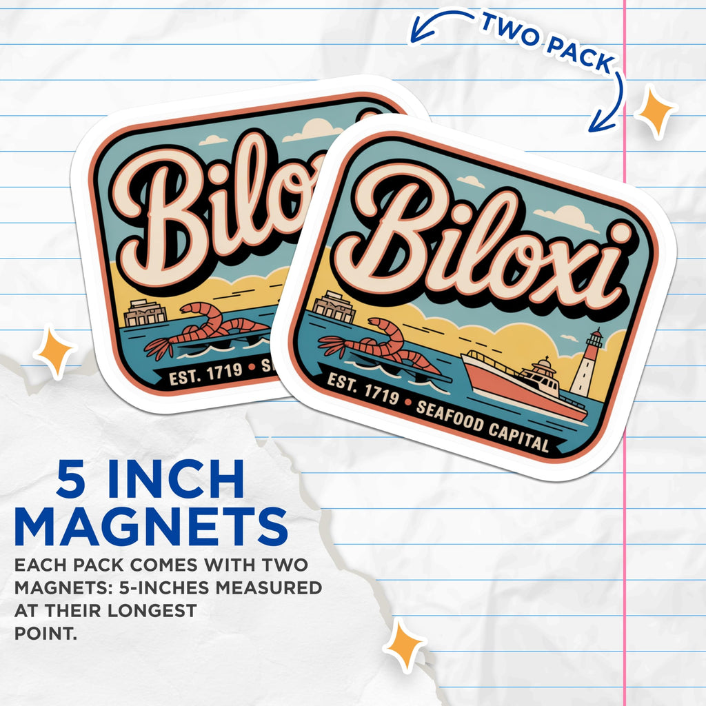 (2 Pack) Biloxi Seafood Capital Magnets - Mississippi Lighthouse Decor - Retro Travel Souvenir - 5 Inches On Longest Side - Thick Durable Magnet - Made in USA - MAG19262