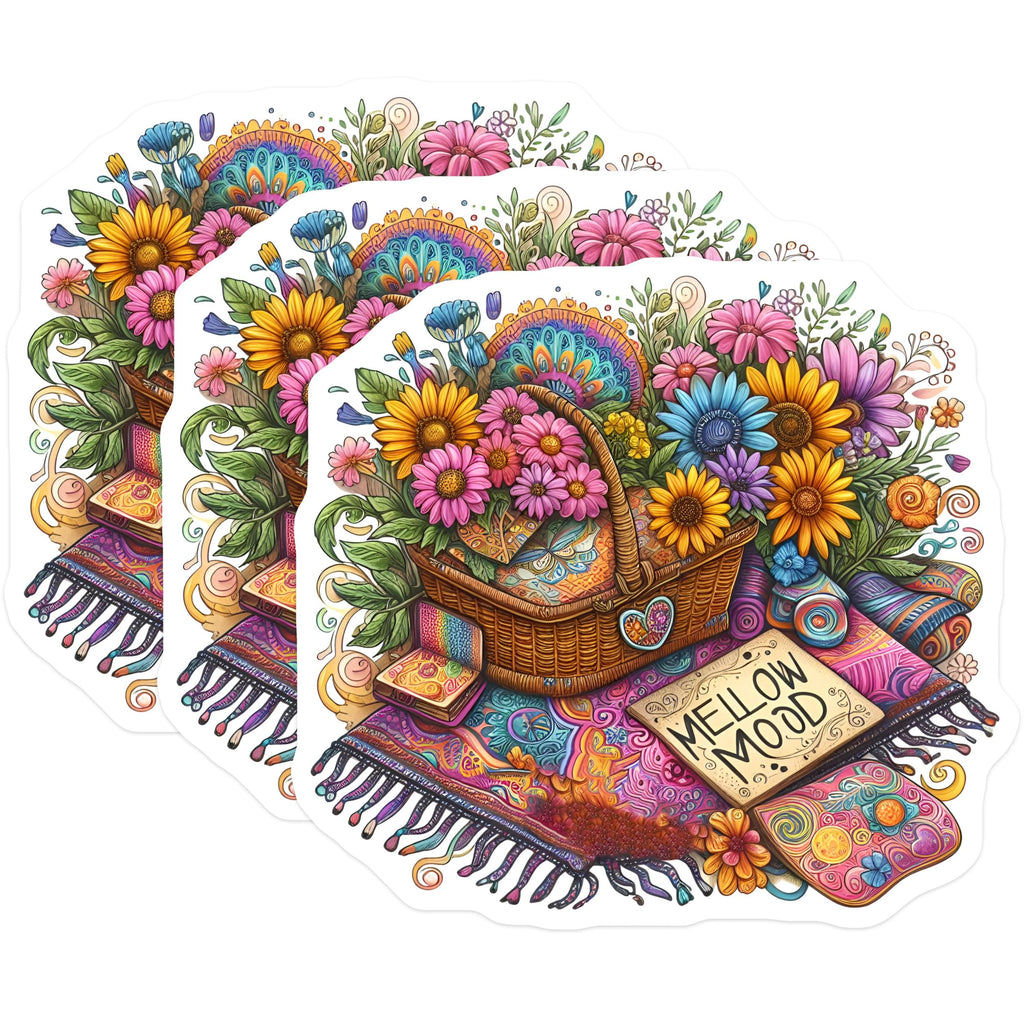 (3 Pack) Flower Basket Decals - Mellow Mood Stickers - Picnic Blanket Decals - 3 Inches On Longest Side - Easy Peel & Apply - Made in USA - 3MCS7600
