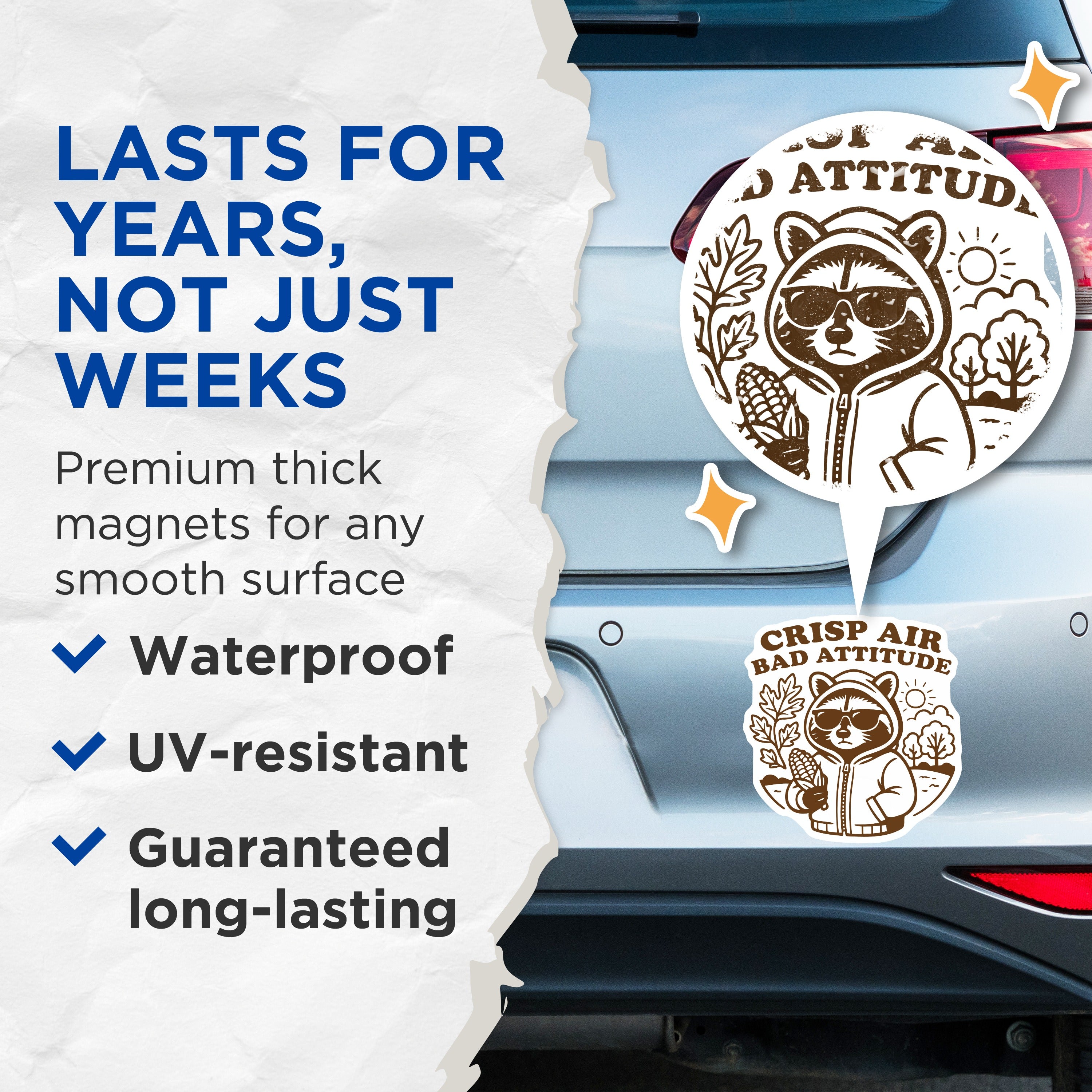 (2 Pack) Crisp Air Bad Attitude Magnets - Sarcastic Raccoon Art - Cozy Autumn Decor - Unique Refrigerator Accent - 5 Inches On Longest Side - Thick Durable Magnet - Made in USA - MAG36451