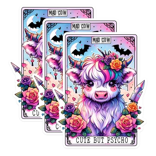 (3 Pack) Mad Cow Decals - Cute but Psycho - Laptop Decal - 3 Inches On Longest Side - Easy Peel & Apply - Made in USA - 3MCS1379