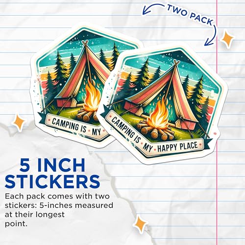 (2 Pack) Camping is My Happy Place Stickers - Nature Adventure Decals - Outdoor Lovers Sticker Pack - 5" On Longest Side - Sticks to Smooth Flat Surfaces - Made in USA - BMCS6625