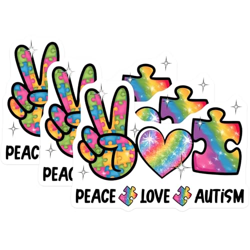(3 Pack) Autism Awareness Decals - Peace Love Autism - Puzzle Piece Decals - 3 Inches On Longest Side - Easy Peel & Apply - Made in USA - 3MCS8462