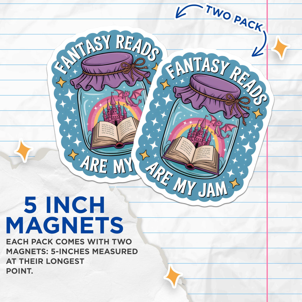 (2 Pack) Fantasy Reads are My Jam Magnets - Book Lover Refrigerator Art - Dragon Castle Magic Reader Decor for Bookworms - 5 Inches On Longest Side - Thick Durable Magnet - Made in USA - MAG20554