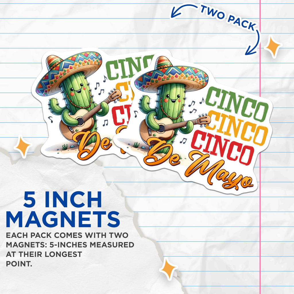 (2 Pack) Cinco De Mayo Magnets - Cactus Playing Guitar - Mexican Celebration - Fun Cinco De Mayo Decor - 5" On Longest Side - for Cars, Fridges, Toolboxes - Made in USA - MAG8229