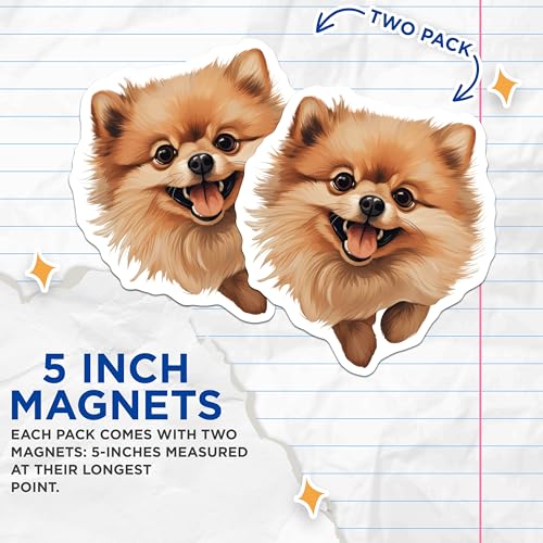 (2 Pack) Cute Pomeranian Fridge Decor Magnet - Puppy Kitchen Accessories - 5" On Longest Side - Sticks to Smooth Flat Surfaces - Made in USA - MAG10253