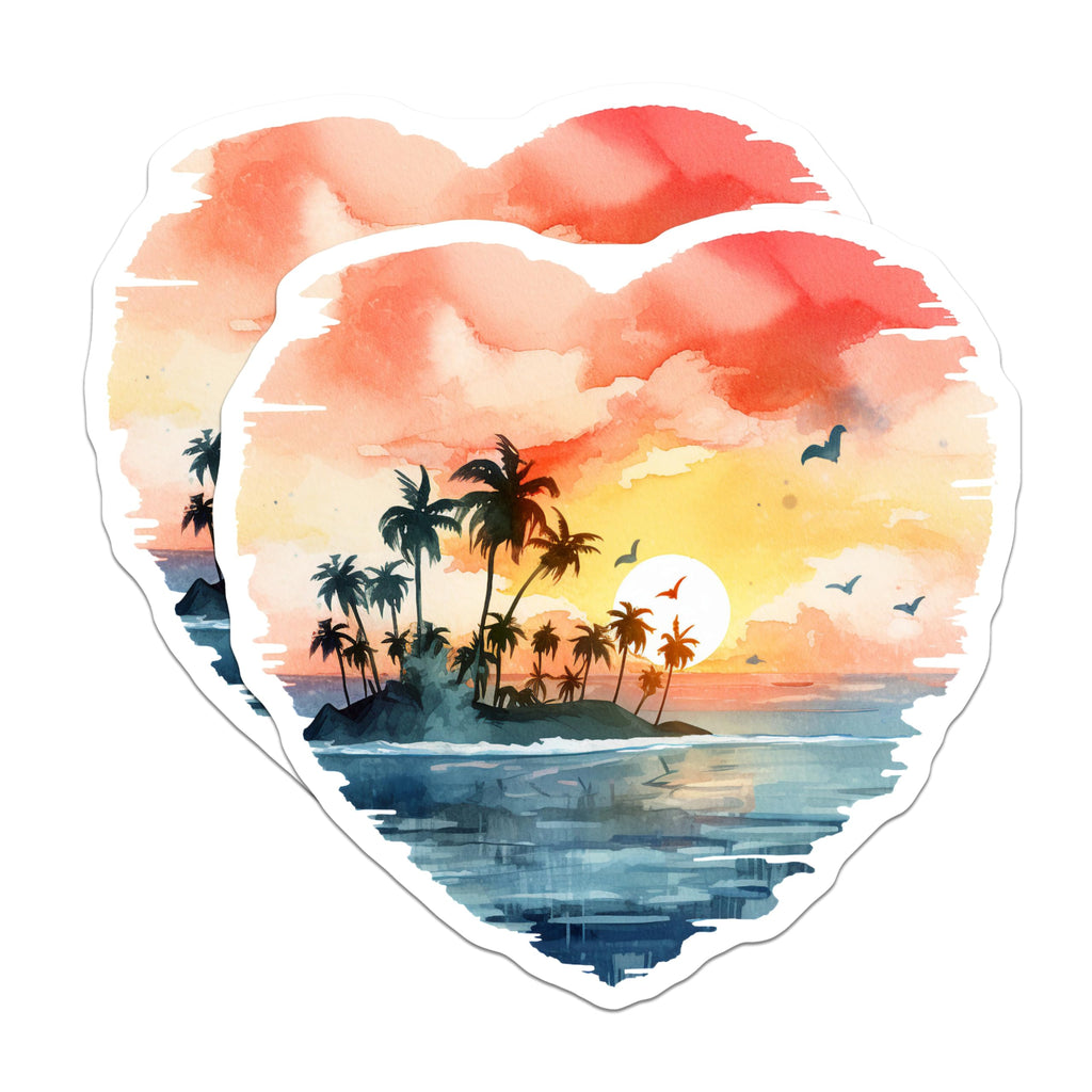 (2 Pack) Tropical Sunset Magnets - Watercolor Palm Island Ocean Art - Heart Beach Decor - Summer Vibes - 5 Inches On Longest Side - Thick Durable Magnet - Made in USA - MAG19570