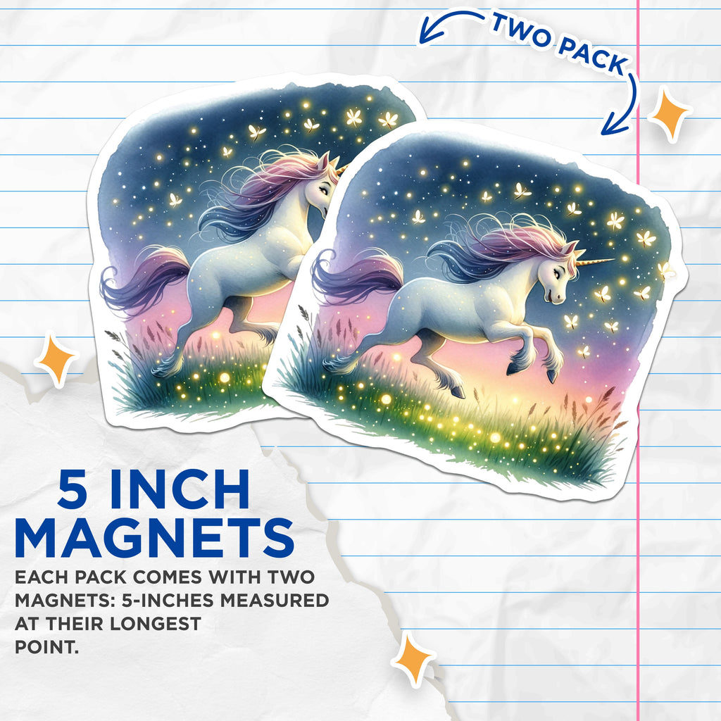 (2 Pack) Magical Unicorn Magnets - Fantasy Fridge Decor - Dreamy Firefly Art - Kids Room Accessory - 5 Inches On Longest Side - Thick Durable Magnet - Made in USA - MAG36096