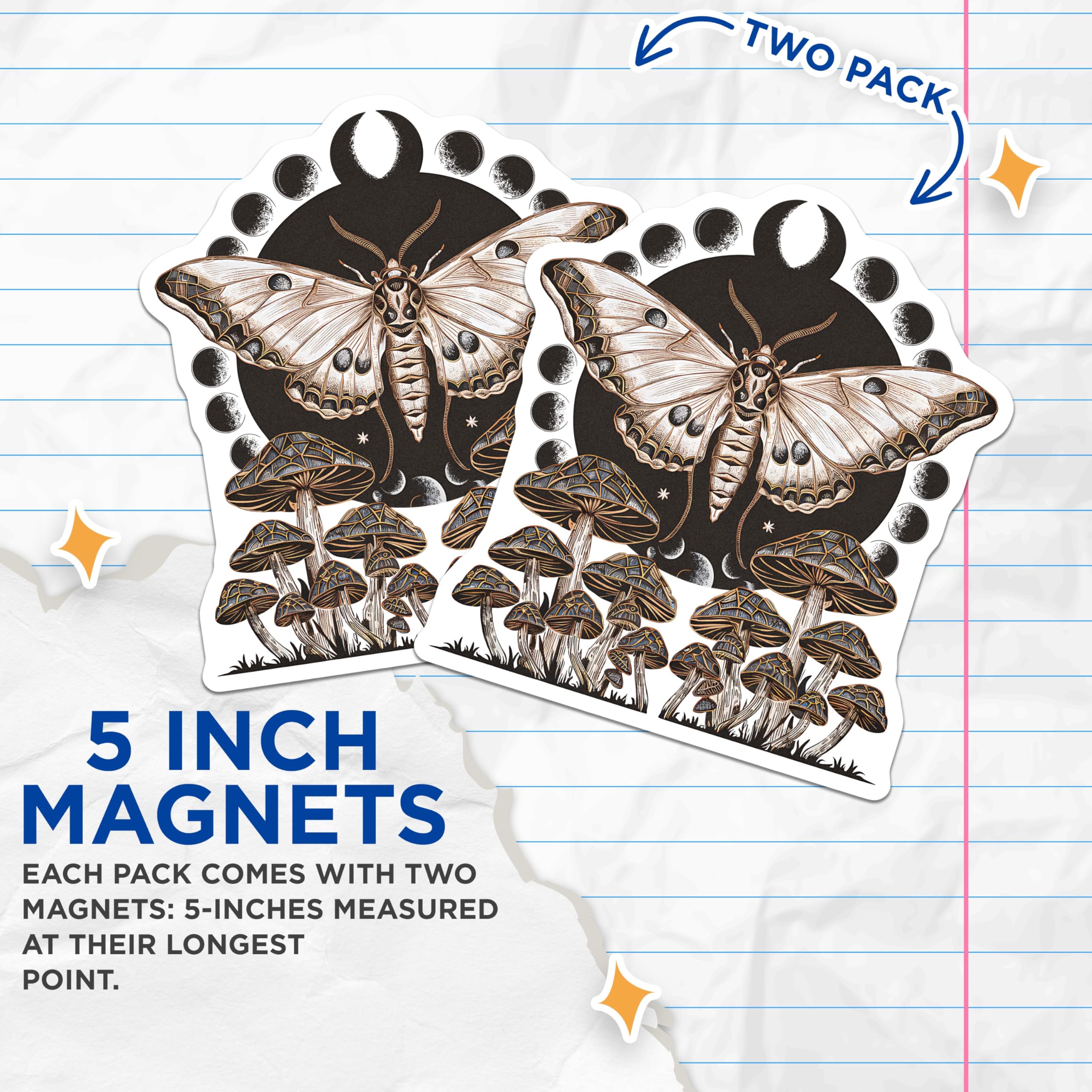 (2 Pack) Moth and Mushrooms Magnets - Celestial Decor - Gothic Home Goods - 5" On Longest Side - Premium Magnet - for Cars, Refrigerators, Toolboxes, Lockers - Made in USA - MAG16681