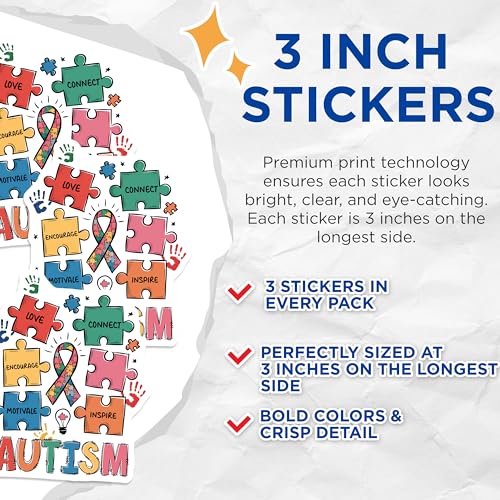 (3 Pack) Autism Awareness Decals - Puzzle Piece Sticker - Autism Support Decal - 3 Inches On Longest Side - Easy Peel & Apply - Made in USA - 3MCS7194