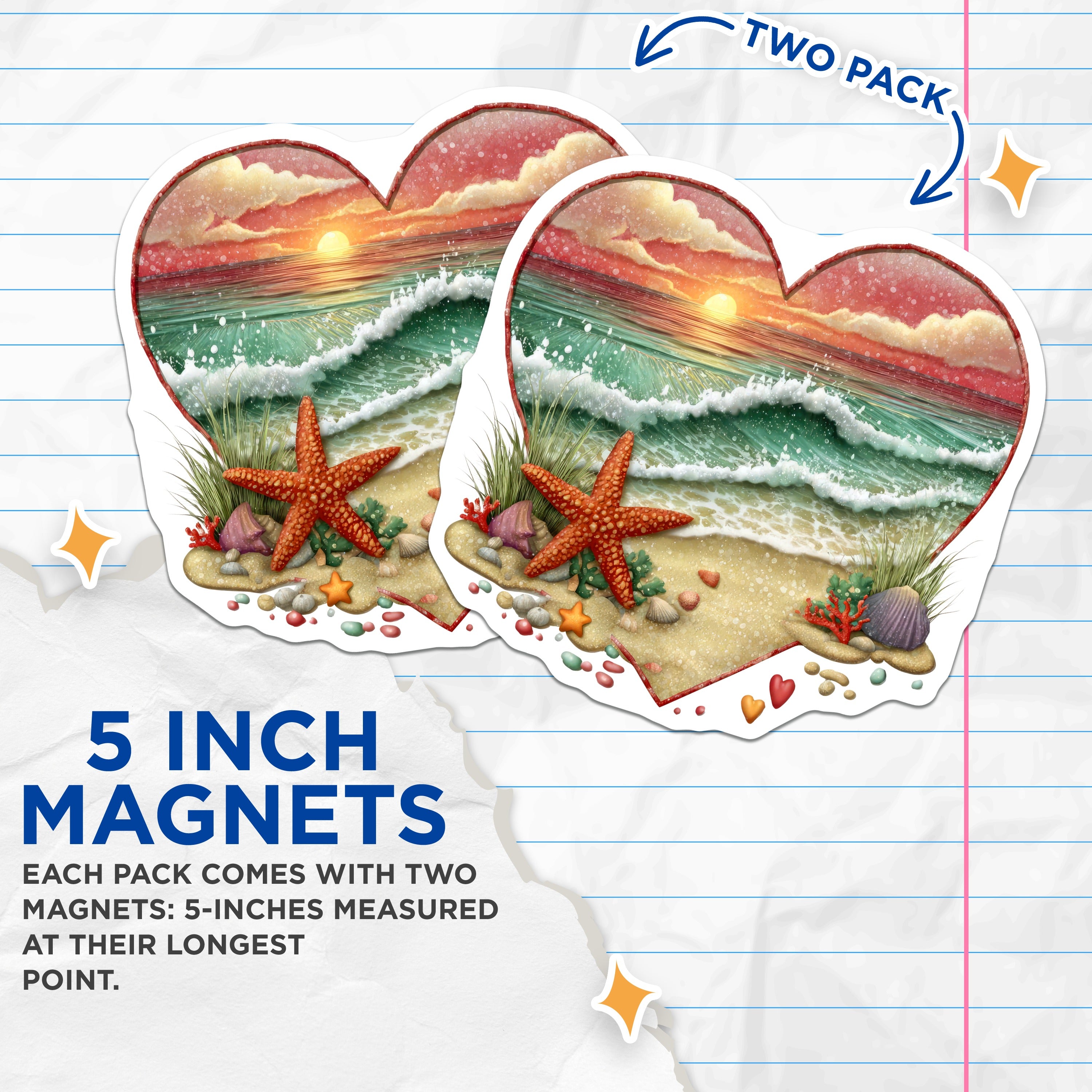 (2 Pack) Beach Sunset Magnets - Coastal Ocean Starfish Heart - Tropical Fridge Decor Seashells - 5 Inches On Longest Side - Thick Durable Magnet - Made in USA - MAG39665