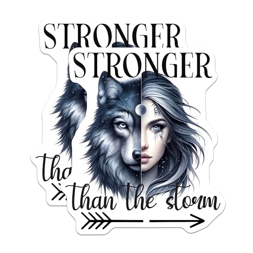 (2 Pack) Stronger Than The Storm Stickers - Motivational Wolf Decal - 5" On Longest Side - Sticks to Smooth Flat Surfaces - Made in USA - BMCS9242 - BMCS9242