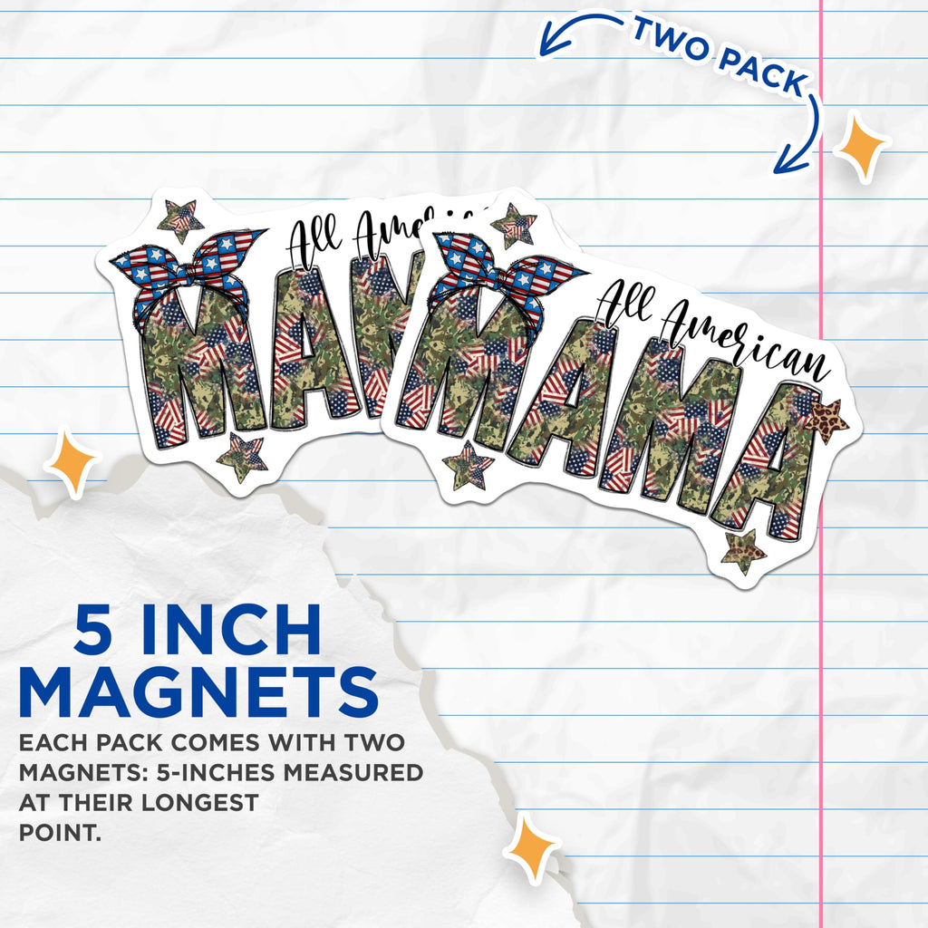 (2 Pack) All American Mama Magnets - Patriotic Flag Decor - Camouflage Mom Style - USA Spirit Accent for Mothers - 5 Inches On Longest Side - Thick Durable Magnet - Made in USA - MAG23477