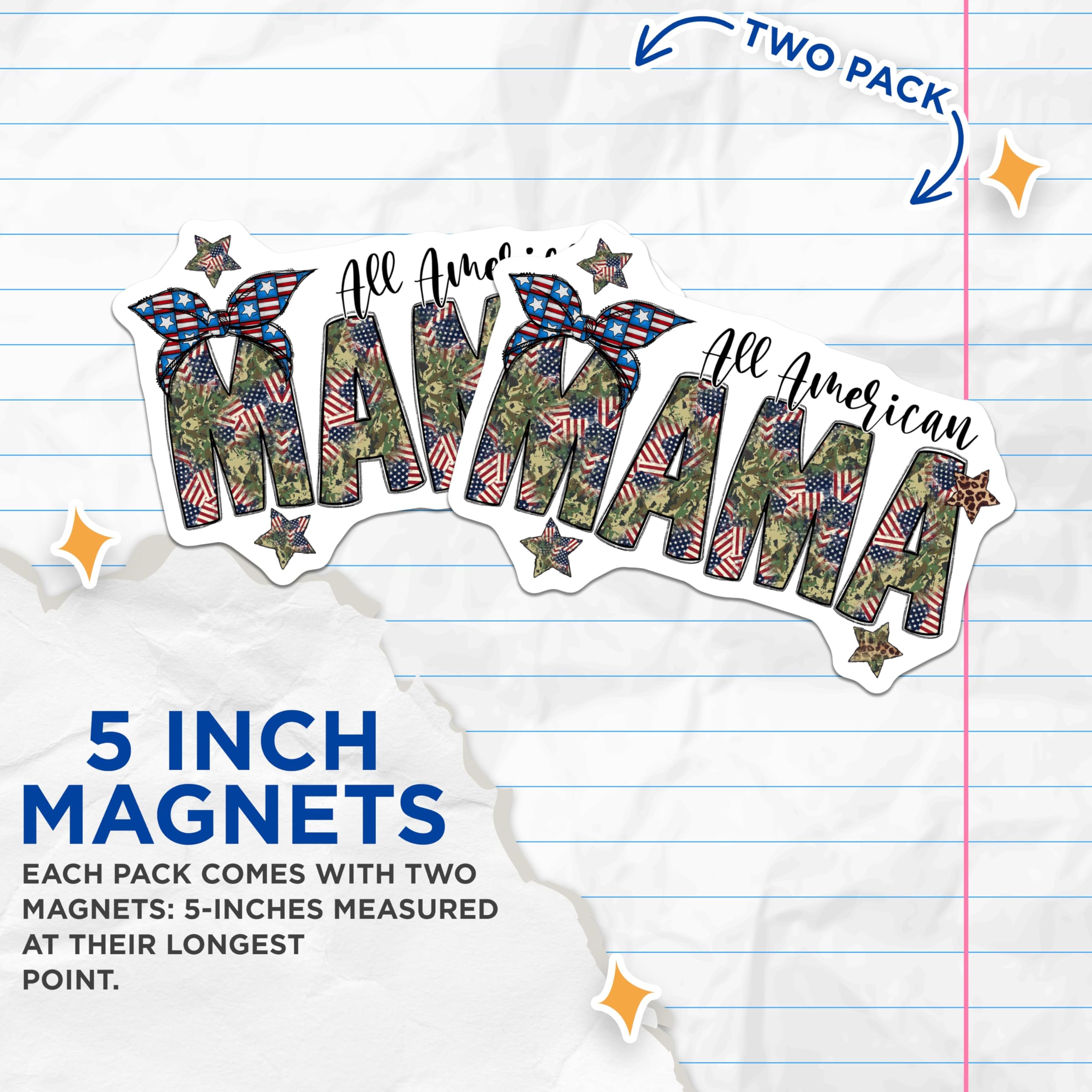 (2 Pack) All American Mama Magnets - Patriotic Flag Decor - Camouflage Mom Style - USA Spirit Accent for Mothers - 5 Inches On Longest Side - Thick Durable Magnet - Made in USA - MAG23477