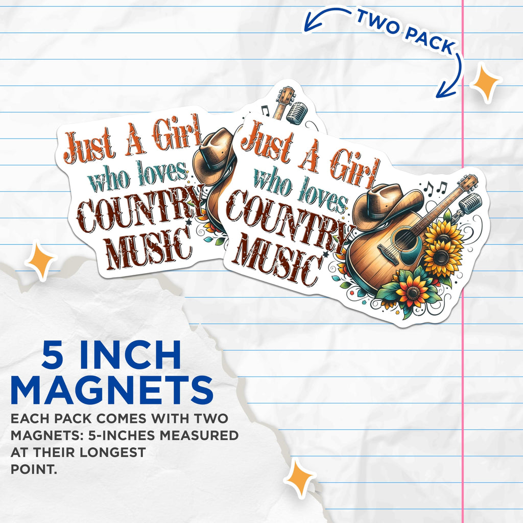 (2 Pack) Country Music Magnets - Just A Girl - Guitar Cowboy Hat Refrigerator Magnets - 5" On Longest Side - Premium Magnet - for Cars, Refrigerators, Toolboxes, Lockers - Made in USA - MAG14022