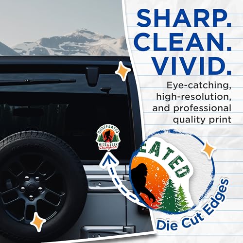 (2 Pack) Undefeated Hide and Seek Champion Stickers - Bigfoot Decal - Forest Sasquatch Fun Sticker - 5" On Longest Side - Sticks to Smooth Flat Surfaces - Made in USA - BMCS6228