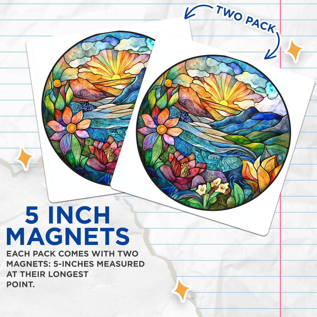 (2 Pack) Stained Glass Art Magnets - Nature Landscape Decor - Boho Floral Sun Mountain River Scene - 5 Inches On Longest Side - Thick Durable Magnet - Made in USA - MAG29483