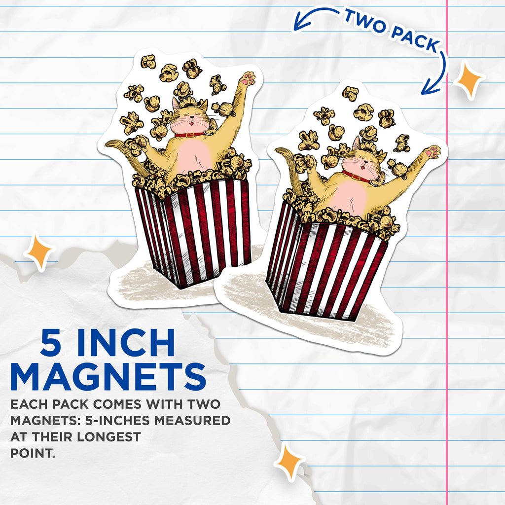 (2 Pack) Popcorn Cat Magnets - Funny Kitty Fridge Decor - Movie Night Accessory - Cat Lover Gift Ideas - 5 Inches On Longest Side - Thick Durable Magnet - Made in USA - MAG38790