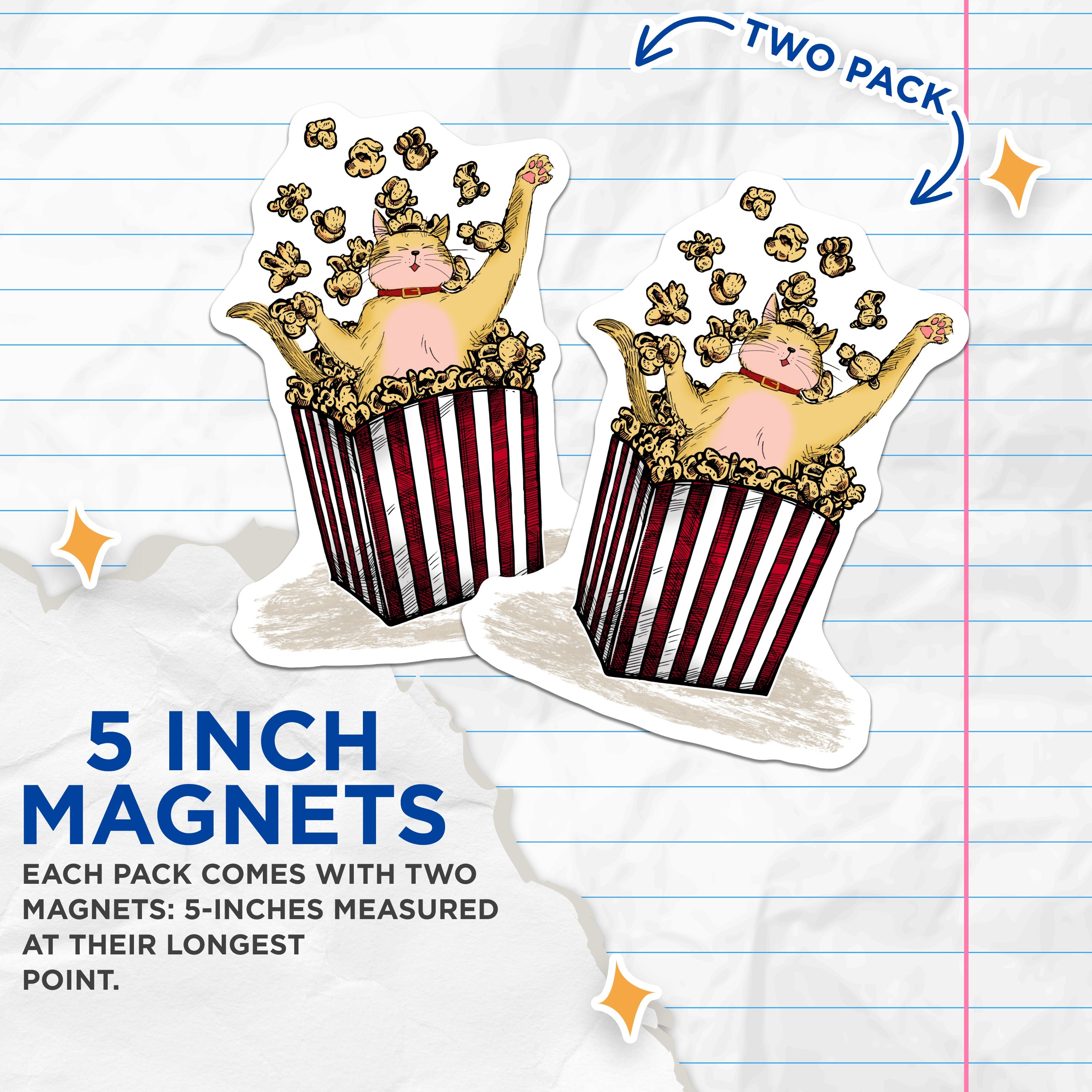 (2 Pack) Popcorn Cat Magnets - Funny Kitty Fridge Decor - Movie Night Accessory - Cat Lover Gift Ideas - 5 Inches On Longest Side - Thick Durable Magnet - Made in USA - MAG38790