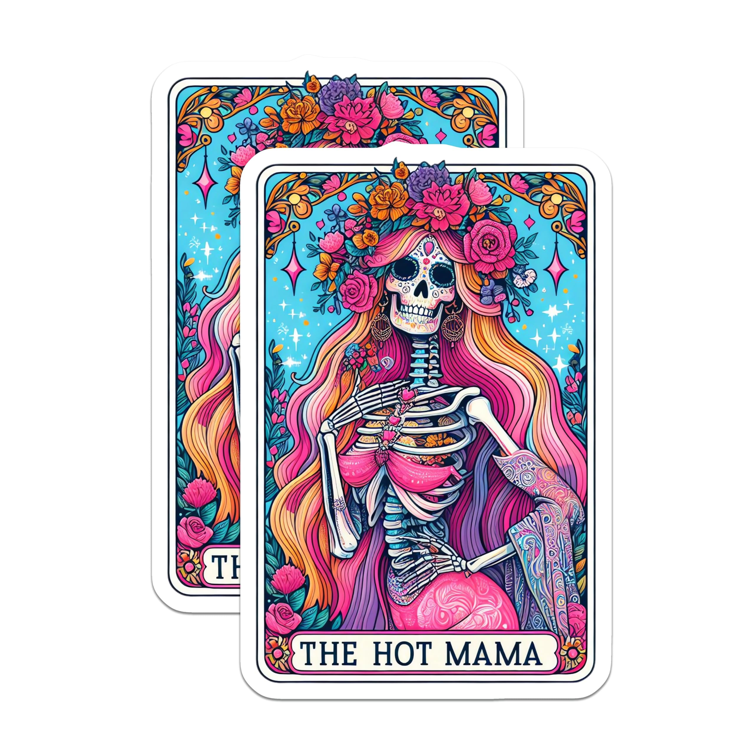 (2 Pack) Hot Mama Sugar Skull Magnets - Day of the Dead Decor - Vibrant Floral Skeleton Art - Empowered Woman Kitchen Magnets - 5 Inches On Longest Side - Thick Durable Magnet - Made in USA - MAG25781