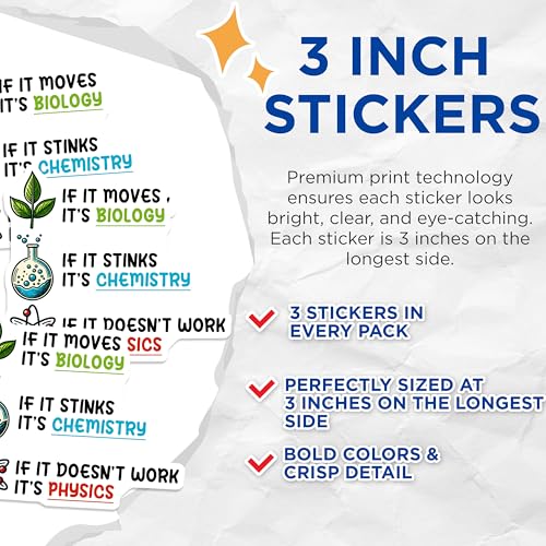 (3 Pack) Science Decals - Biology Chemistry Physics - Laptop Decal - 3 Inches On Longest Side - Easy Peel & Apply - Made in USA - 3MCS6783