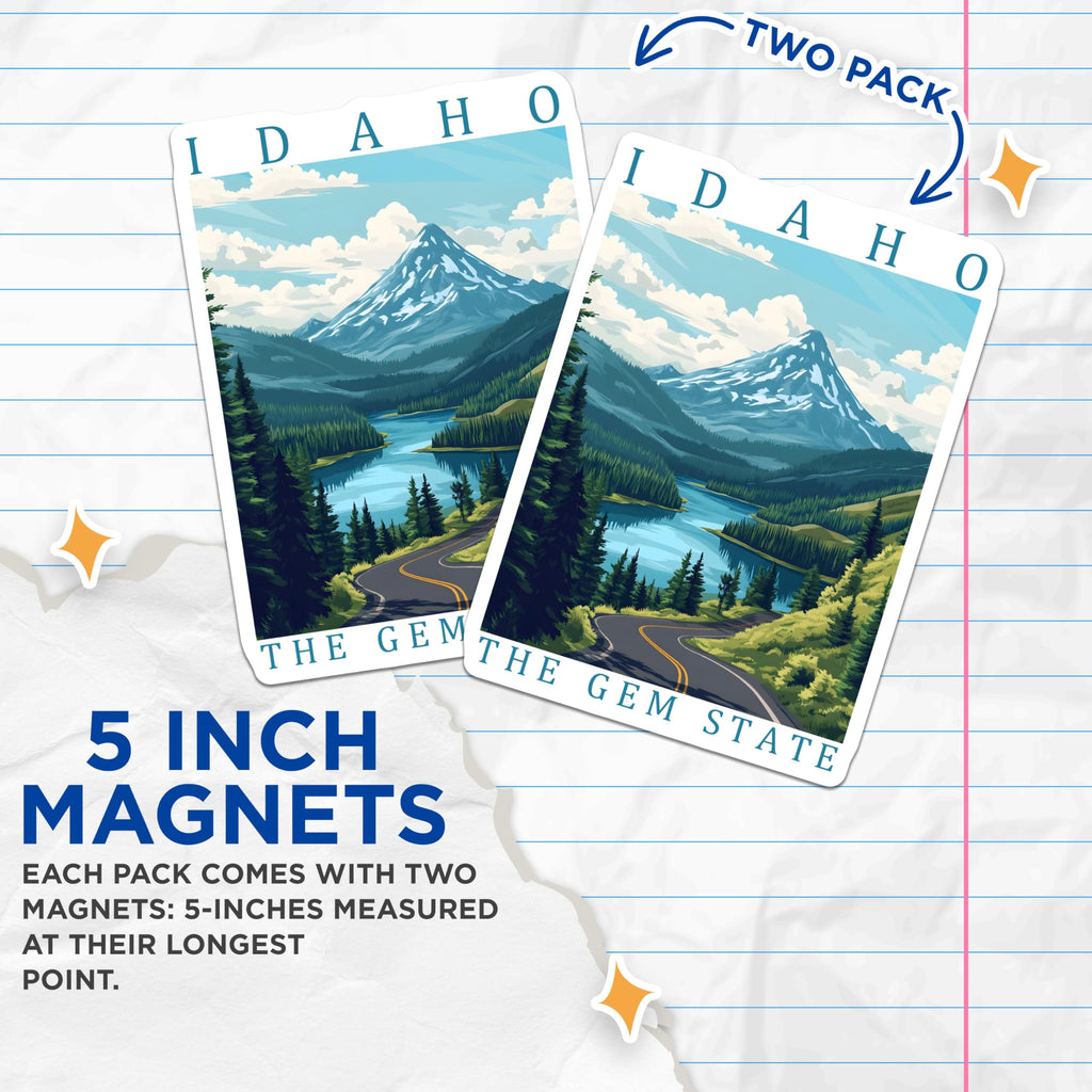 (2 Pack) Idaho Magnets - The Gem State Decor - Rocky Mountain Fridge Magnet - 5" On Longest Side - Premium Magnet - for Cars, Refrigerators, Toolboxes, Lockers - Made in USA - MAG17382