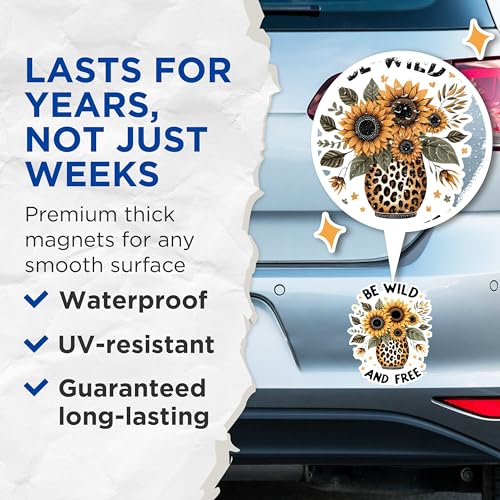 (2 Pack) Be Wild and Free Magnets - Sunflower Vase Magnets - Uplifting Home Office Decor Magnets- 5" On Longest Side - for Fridges, Toolboxes, Cars - Made in USA - MAG2909