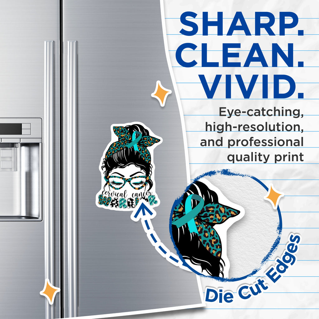 (2 Pack) Cervical Cancer Warrior Magnets - Teal Ribbon Awareness - Messy Bun Survivor Support - 5 Inches On Longest Side - Thick Durable Magnet - Made in USA - MAG38226