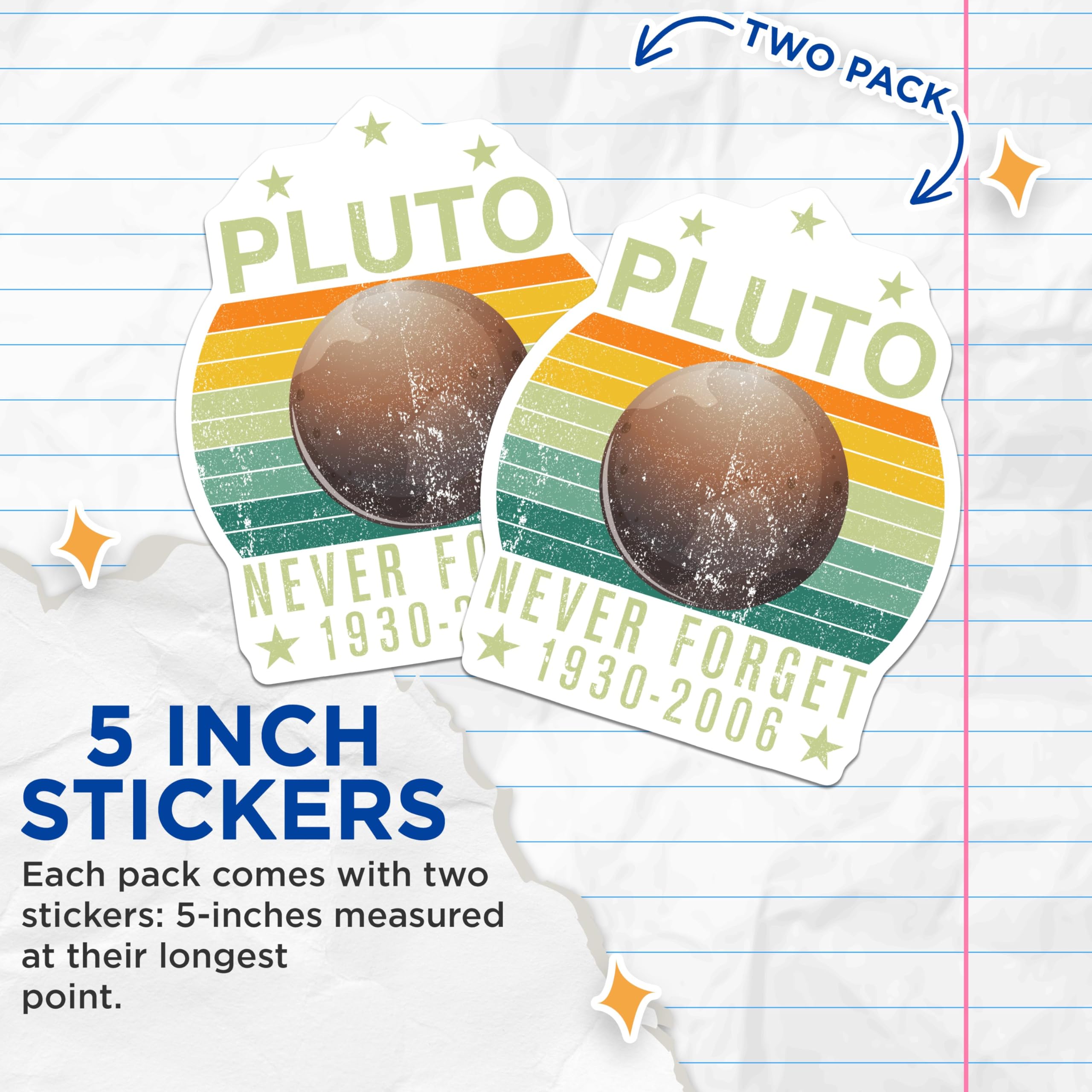 (2 Pack) Pluto Never Forget Stickers - Retro Space Stickers - Planet Pluto Decal - 5" On Longest Side - Sticks to Smooth Flat Surfaces - Made in USA - BMCS5215