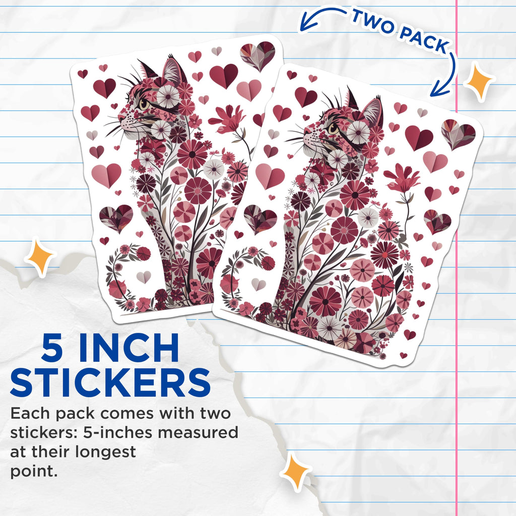 (2 Pack) Floral Cat Stickers - Heart Flower Kitty - Unique Valentine's Decals - 5" On Longest Side - Sticks to Smooth Flat Surfaces - Made in USA - BMCS14929