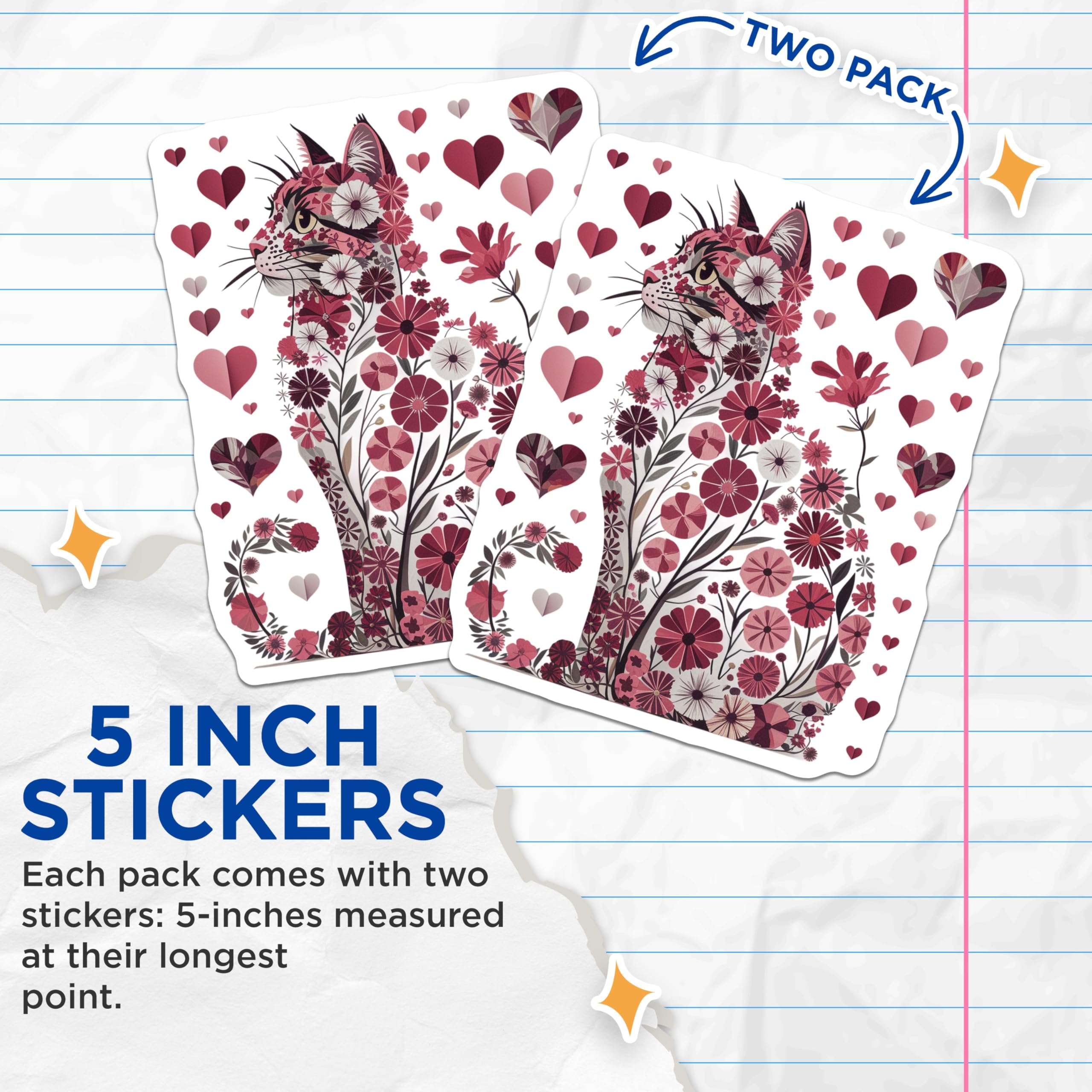 (2 Pack) Floral Cat Stickers - Heart Flower Kitty - Unique Valentine's Decals - 5" On Longest Side - Sticks to Smooth Flat Surfaces - Made in USA - BMCS14929