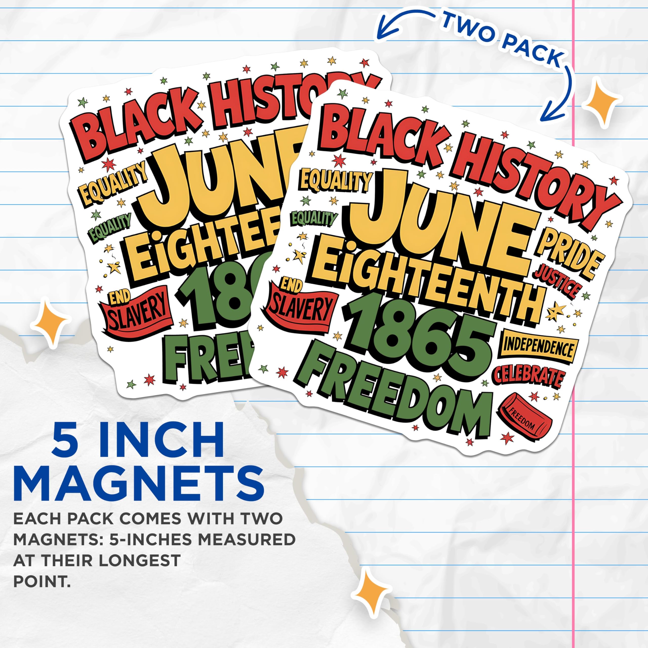 (2 Pack) Black History June Eighteenth 1865 Magnets - Equality Freedom Independence - Juneteenth Pride Celebratory Magnets - 5" On Longest Side - for Cars, Fridges, Toolboxes - Made in USA - MAG3890