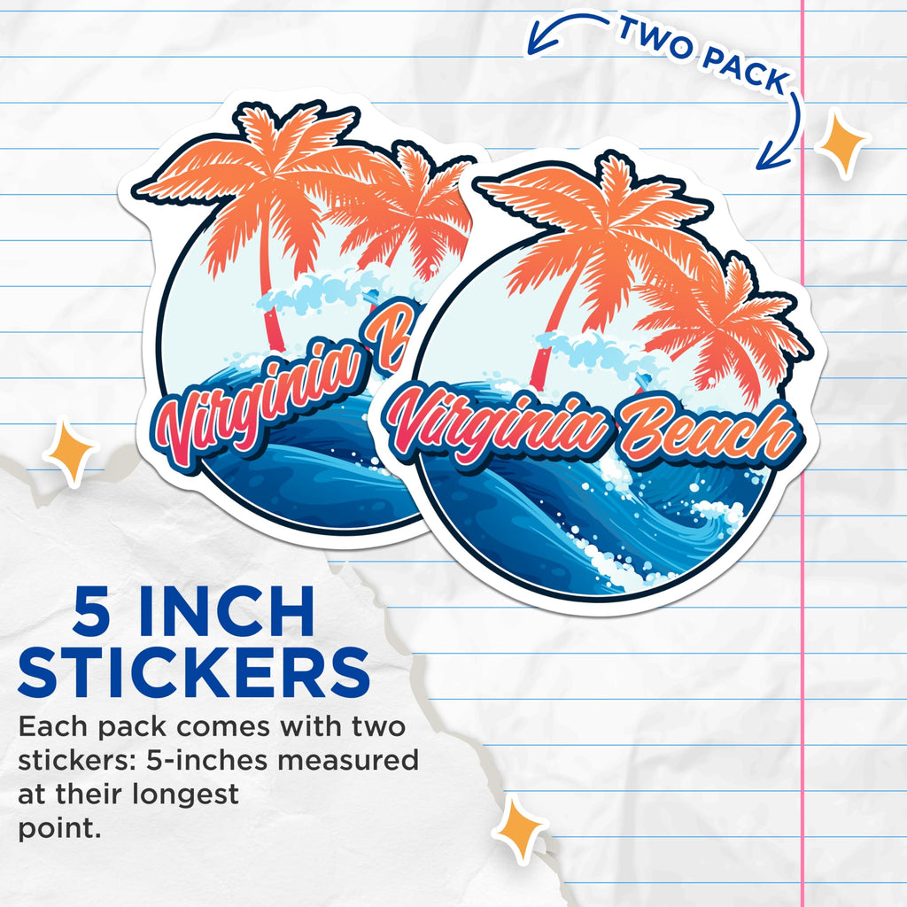 (2 Pack) Virginia Beach Stickers - Beach Theme Stickers - Palm Tree Stickers - 5" On Longest Side - Sticks to Smooth Flat Surfaces - Made in USA - BMCS18103