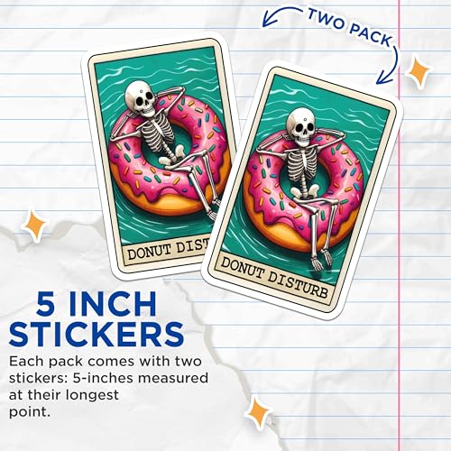 (2 Pack) Donut Disturb Stickers - Funny Skeleton Stickers - Humorous Donut Float Stickers - 5" On Longest Side - Sticks to Smooth Flat Surfaces - Made in USA - BMCS4841