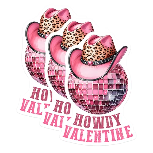 (3 Pack) Howdy Valentine Decals - Pink Cowboy Hat - Disco Ball Stickers - 3 Inches On Longest Side - Easy Peel & Apply - Made in USA - 3MCS1921