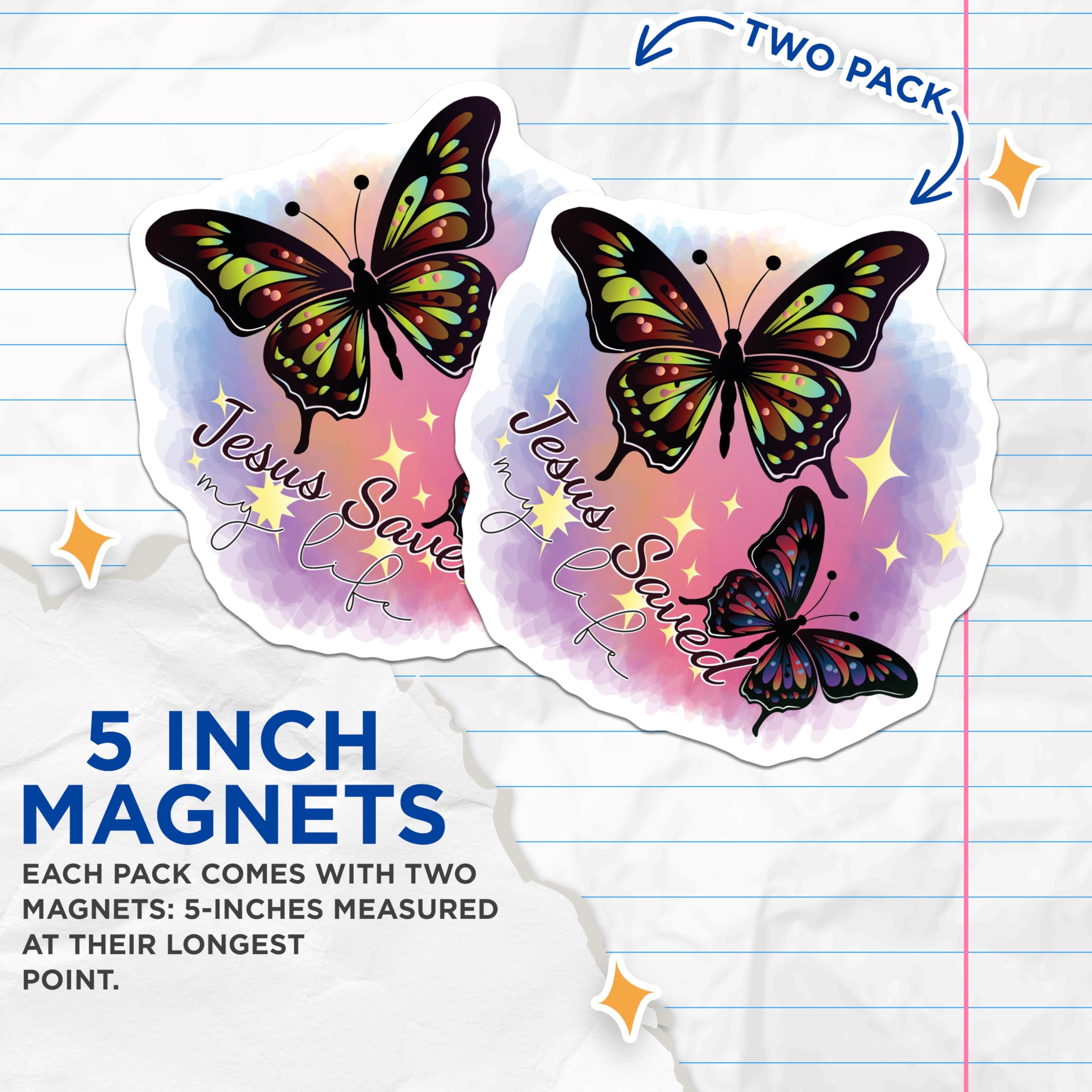 (2 Pack) Jesus Saved My Life Magnets - Christian Butterfly Decor - Inspirational Faith Refrigerator Magnets - 5 Inches On Longest Side - Thick Durable Magnet - Made in USA - MAG19618