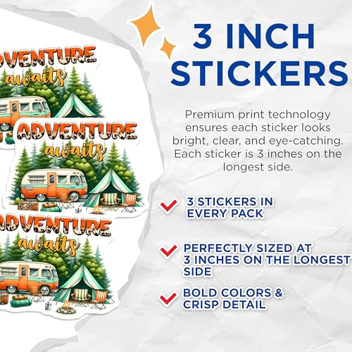 (3 Pack) Adventure Awaits Decals - Camping Camper Stickers - Laptop Decal - 3 Inches On Longest Side - Easy Peel & Apply - Made in USA - 3MCS2051