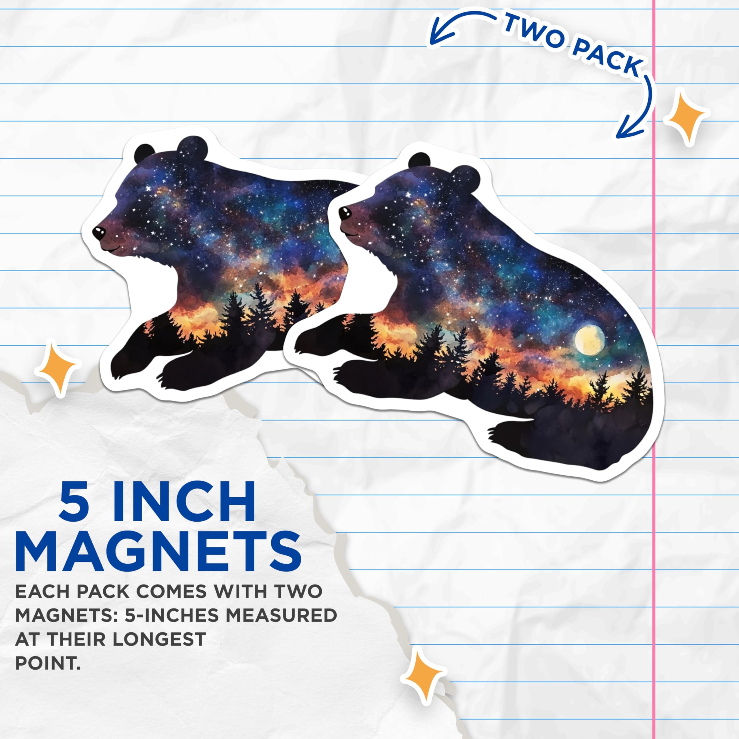 (2 Pack) Bear Landscape Magnets - Galaxy Forest Theme - Unique Fridge Decor - 5" On Longest Side - Premium Magnet - for Cars, Refrigerators, Toolboxes, Lockers - Made in USA - MAG14852