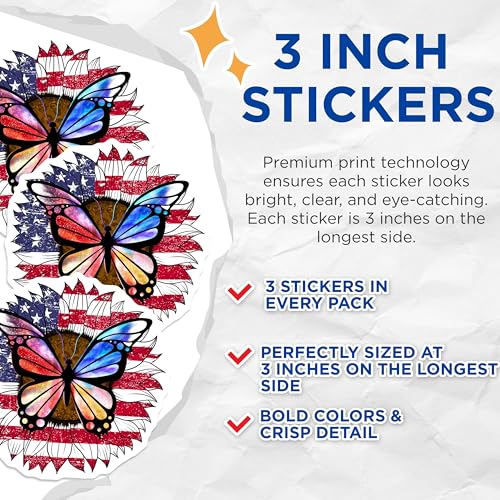 (3 Pack) American Flag Sunflower Decals - Butterfly Flower Stickers - Patriotic Decal - 3 Inches On Longest Side - Easy Peel & Apply - Made in USA - 3MCS4676