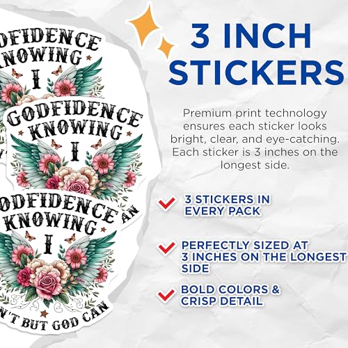 (3 Pack) Godfidence Laptop Decals - Floral Winged Decals - Inspirational Quote Stickers - 3 Inches On Longest Side - Easy Peel & Apply - Made in USA - 3MCS2847